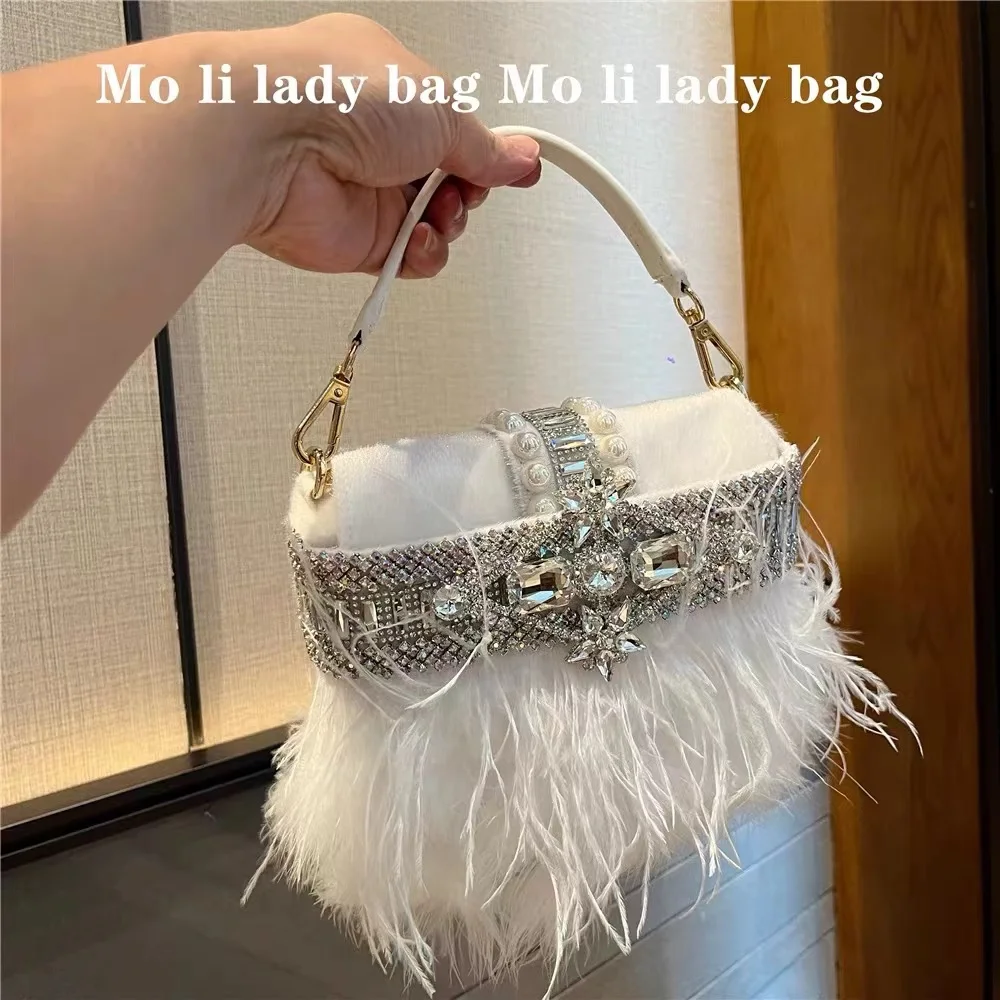 Crystal Shiny Rhinestones Diamond Evening Bag Luxury Ostrich Hair Glitter Women Handbag Wedding Party Clutch Purse Crossbody Bag