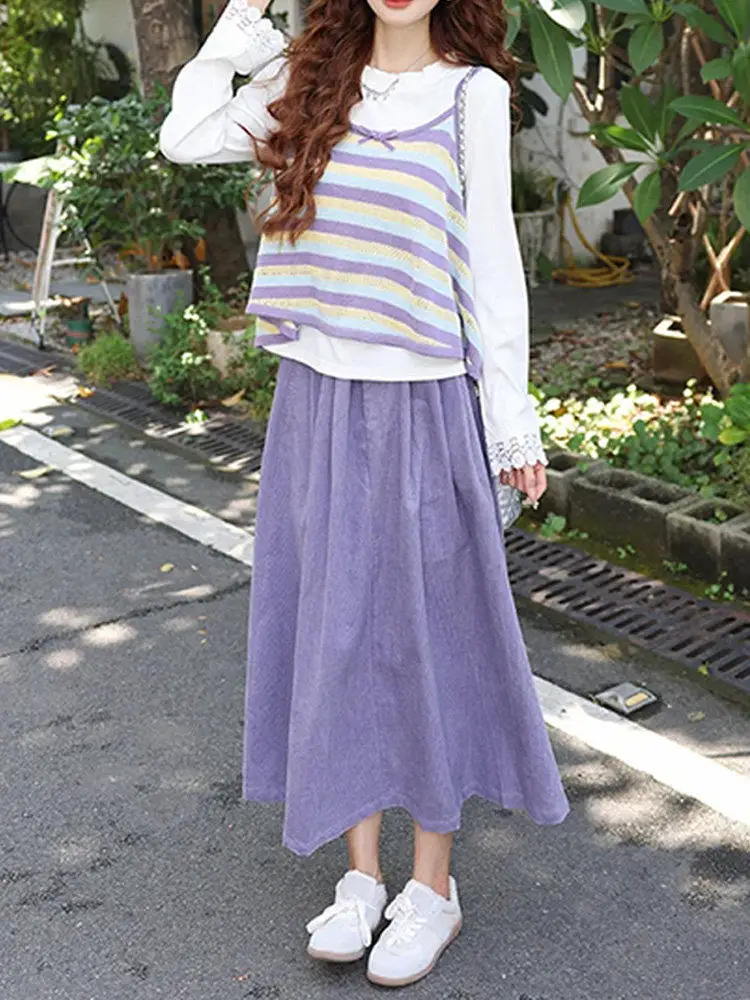

Retro Knitted Set Women's Long Sve T-irt And Skirt Tee-Piece Suit Spring Autumn New Sle Casual Comfortable Faion