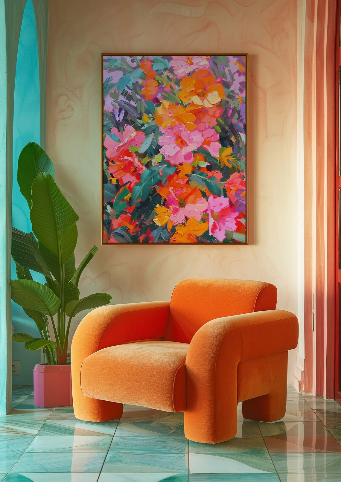 "Vibrant Floral Impasto Wall Print Decor - Bold Brushstroke Oil Painting of Pink & Orange Flowers, Modern Colorful Botanical Art image 4