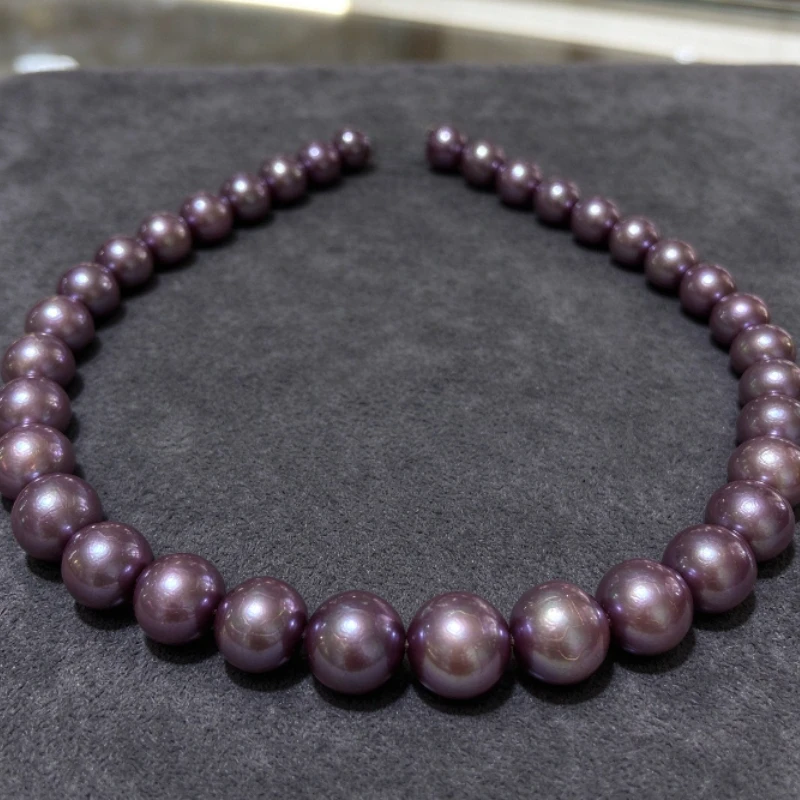 Charming 12-14mm Natural Edison Purple Pearl Necklace, Single Strand Round Pearls, Smooth Surface with Natural Growth Lines
