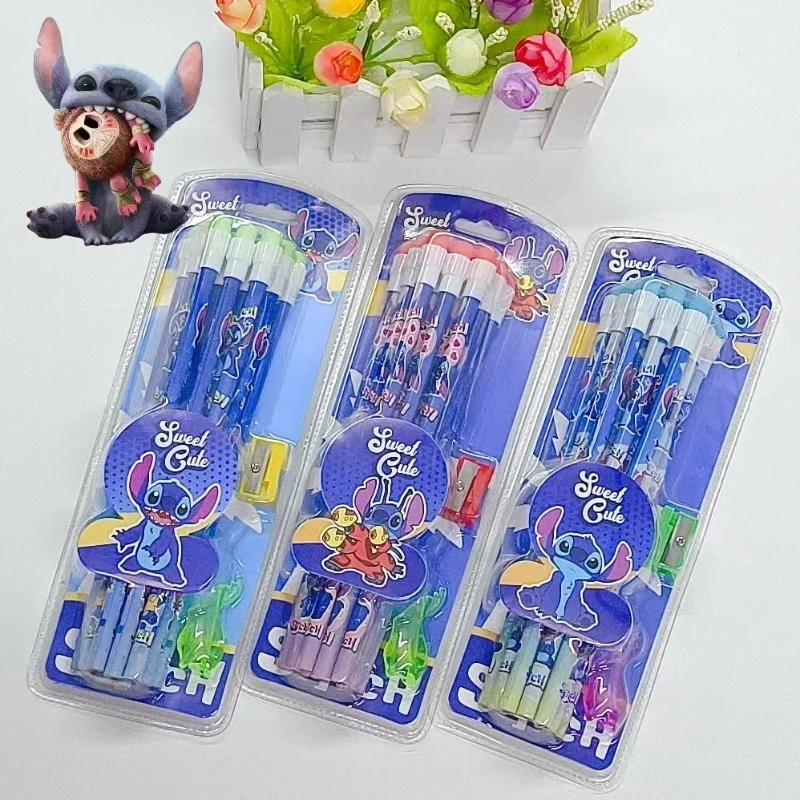 

12PCS Disney Stitch Pencil Set with Pencil Sharpener Large Eraser Cartoon Stationery Pencil Students Write Draw School Supplies