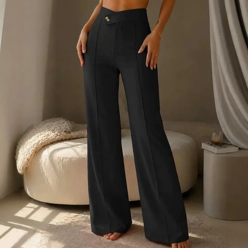 New Women's Asymmetric Diagonal Buckle High Waist Waist Head Suit Casual Wide Leg Pants Versatile and Cheap