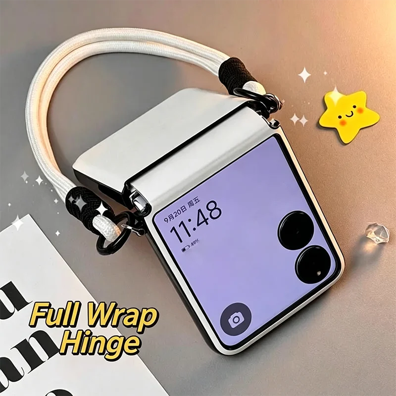 For Xiaomi Mix Flip Case With Hand Strap White Leather Fodable Phone Case For Samsung Galaxy Z Flip 7 6 5 Case Fundas Crossbody