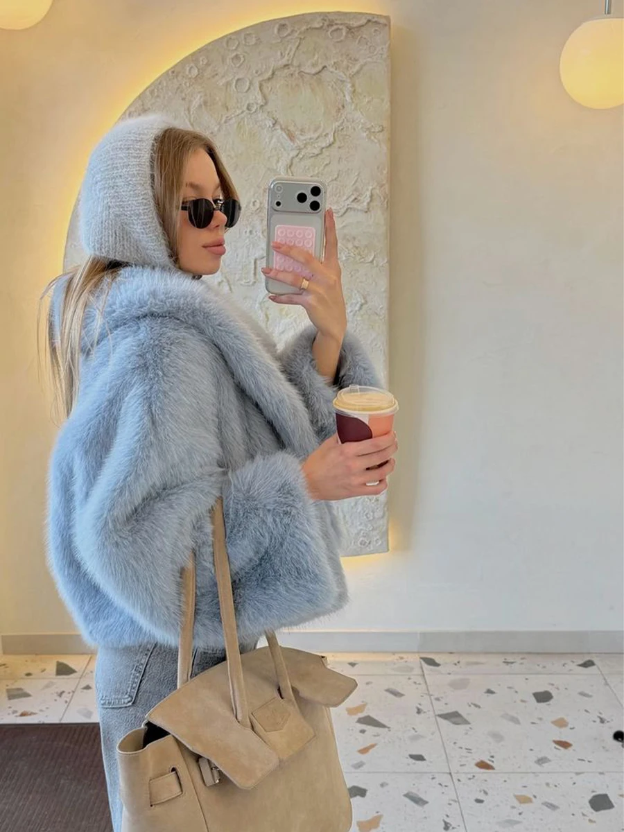Frugal Chic Cozy Women Faux Fox Fur Baby Blue Winter Outwear Hotsweet Girl Thick Warm Fluffy Jacket Chic Vibes Holiday Ensembles
