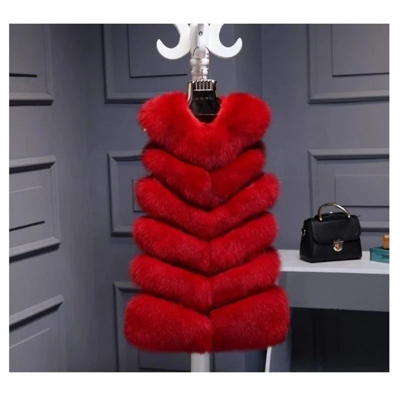 High Quality Faux Fox Fur Vest Women Red Vests Winter Thick Warm Fur Vest Fashion Luxury Coat Fur Jacket Gilet Female