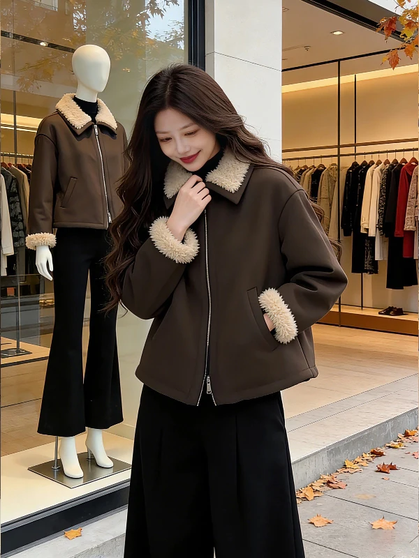 Retro sle ort algodão jaet casaco de camurça de pele de cordeiro feminino corte reto commute amigável cor pura sem chapéu
