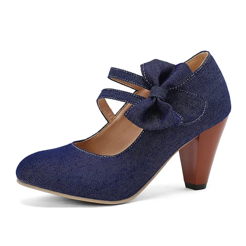 Blue Denim Pumps New Autumn Round Toe Ladies Shoes Side Sweet Bow Chunky Heels Shoes Woman zapatos mujer Big Size 35-43 WSH5141