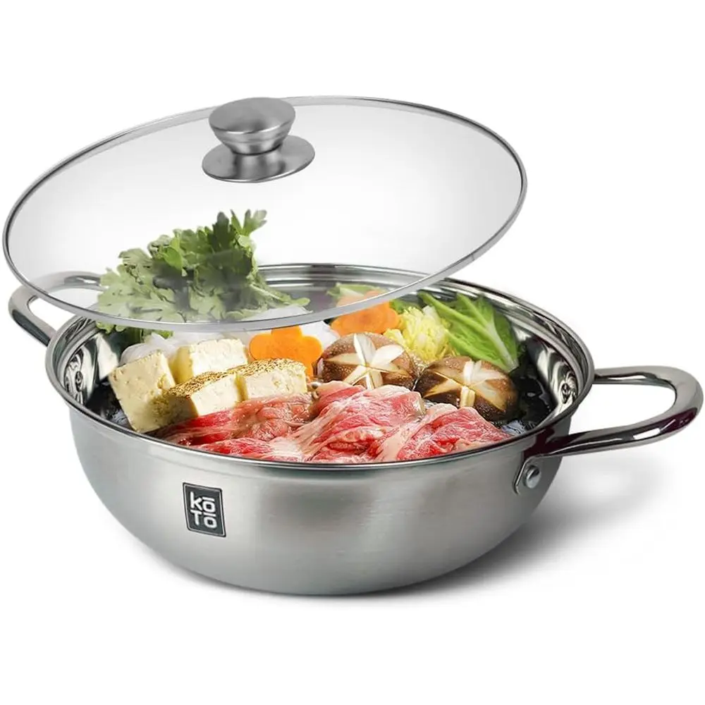 Olla Individual de Acero Inoxidable 304 – 11.8”, 5.3QT, Olla Multiusos para Sopas Asiáticas, Guisos, Nabemono y Freír