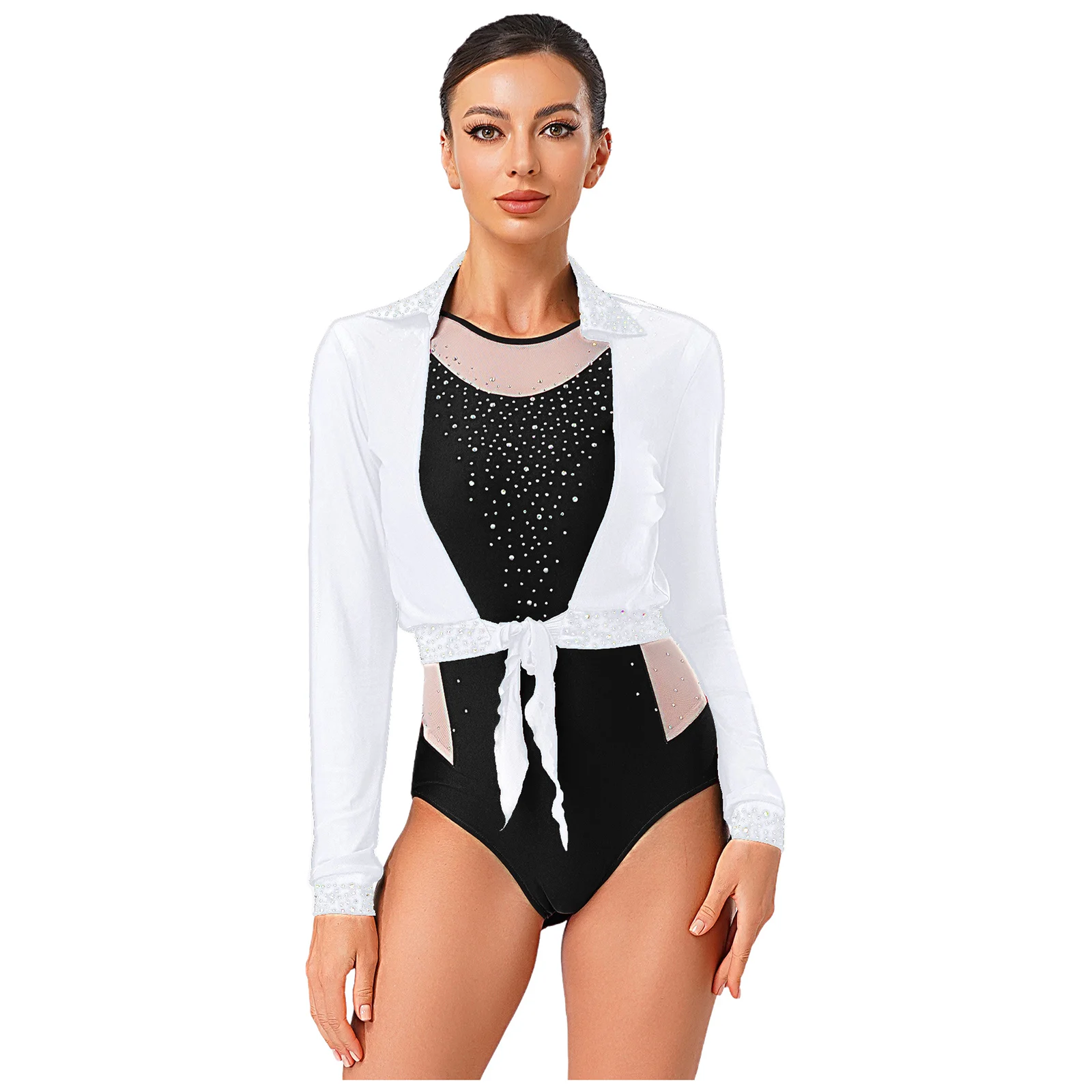 Damski strój gimnastyczny baletowy taneczny kostium na występy bez rękawów kontrastowy kolor body i krótki kardigan odzież taneczna