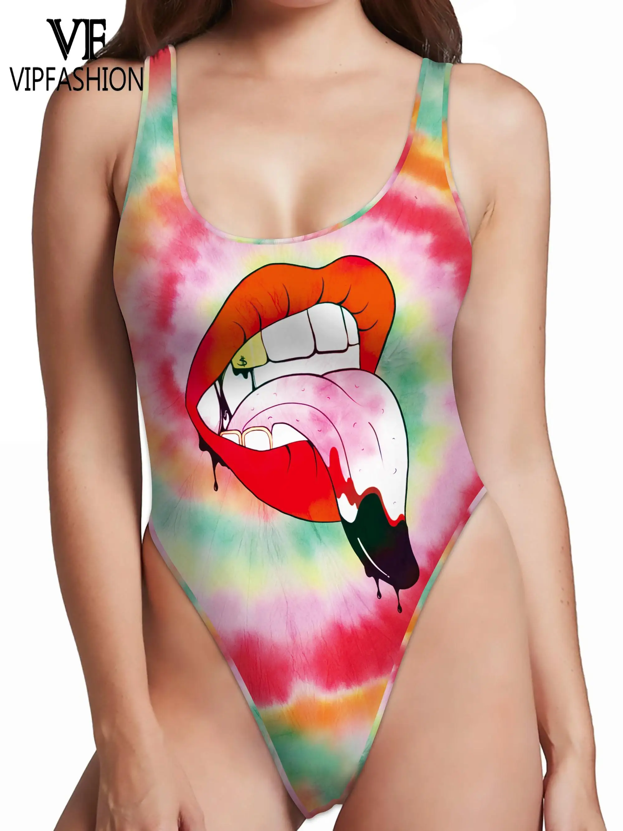 VIP FASHION Women Lip Print Swimsuits Sexy Tank Top Bodysuit Sleeveless Fitness Zentai One Piece Suit Backless Swimwear Clothing