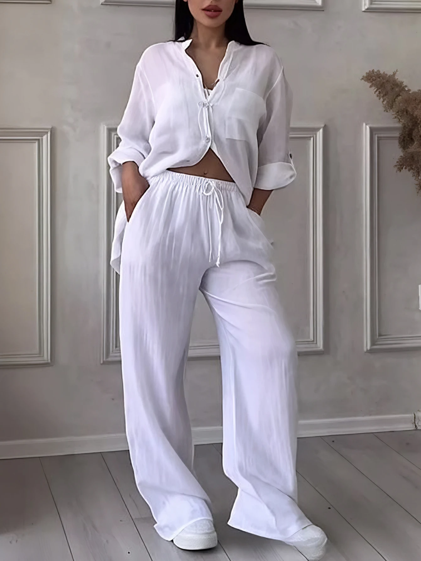 レディースカジュアル長袖ボタンフロントスタンドカラーレースアップパンツセットベーシックプレーンデイリーアウトフィット秋冬用