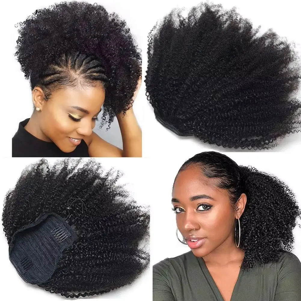 Afro Kinky Curly Brazilian Human Hair Extension Drawstring 4c Curls Puff Ponyta…