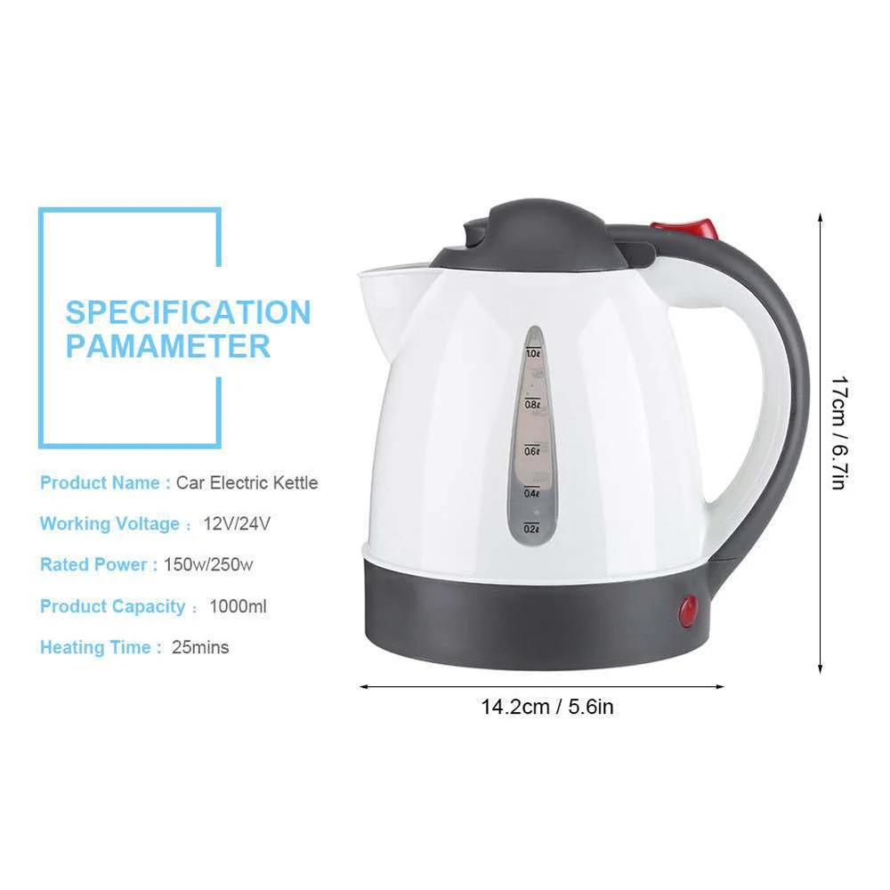 1000Ml Car Electric Kettle 12V/24V 150W Portable Cigarette Lighter Kettle for Trip Travel Car Truck Travel Coffee Heated Tea Pot