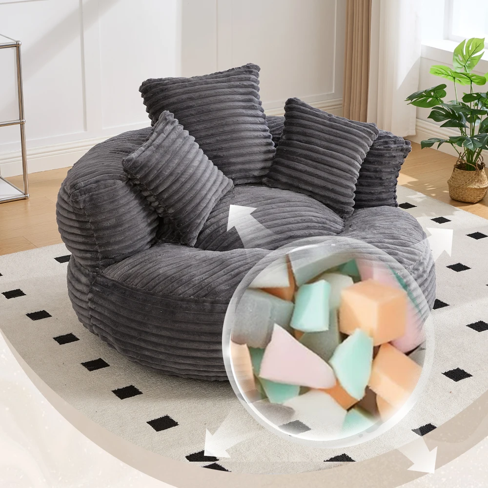 Sillón Puff de Corduroy Gris Oscuro, Sillón Cómodo y Duradero con Respaldo Alto y 3 Almohadas para Adultos y Niños