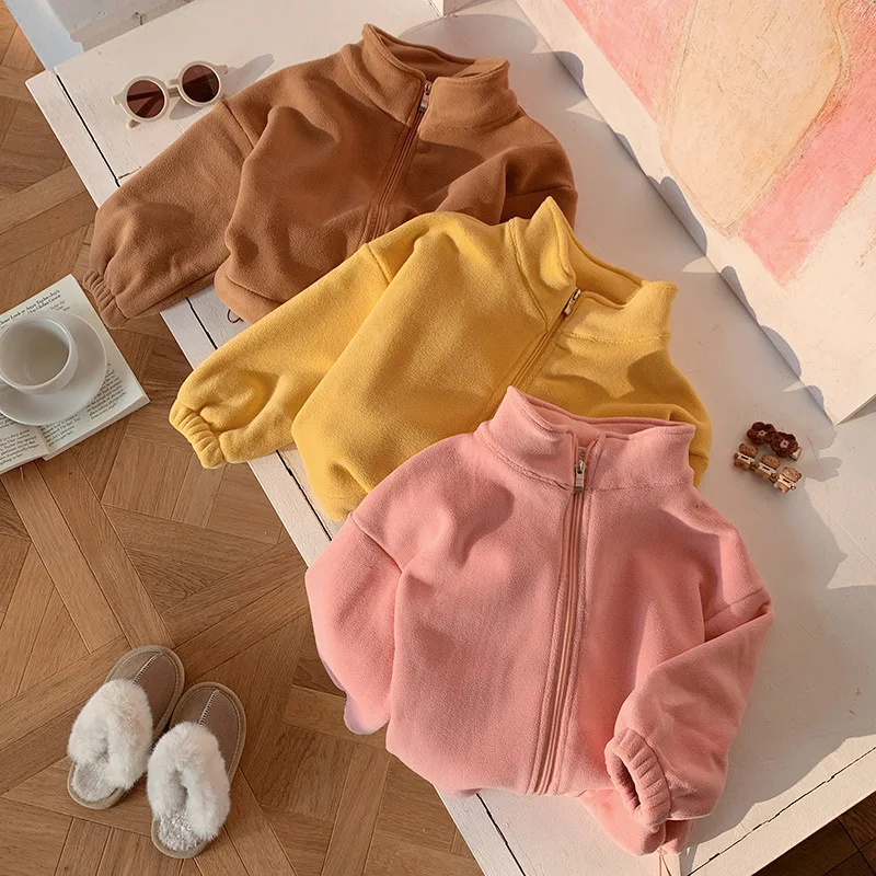 Autumn Winter Infant Baby Girl Coat Loose Plus Velvet Semi Turtleneck Little Boy Outerwear Solid Warm Zipper Toddler Girl Jacket