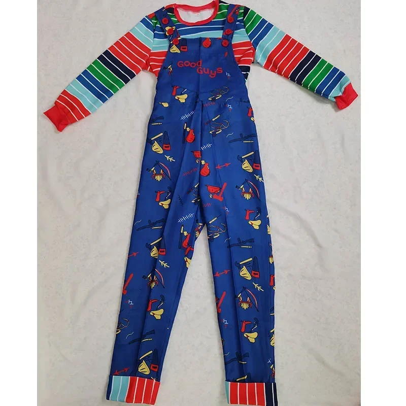 Halloween Costume Child’s Play Chucky Blue Cartoon Jumpsuit Overalls with Striped Shirt for Kids Adult Chucky Cosplay Costume