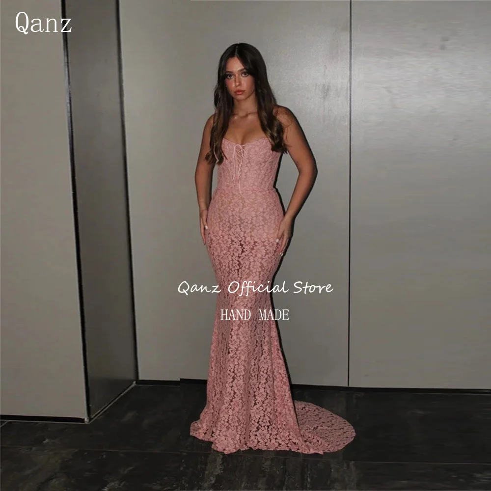 

Qanz Elegant Pink Full Lace Evening Dresses Women Sweetheart Coret Back Mermaid Robes De Soirée Vestidos De Festa Customized