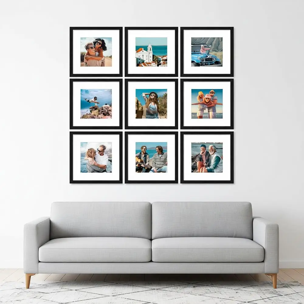 

12x12 Picture Set of 9, Shatter Resistant Plexiglass, Display 8x8 Photos with Mat or 12x12 without Mat, Engineered Wood, Black