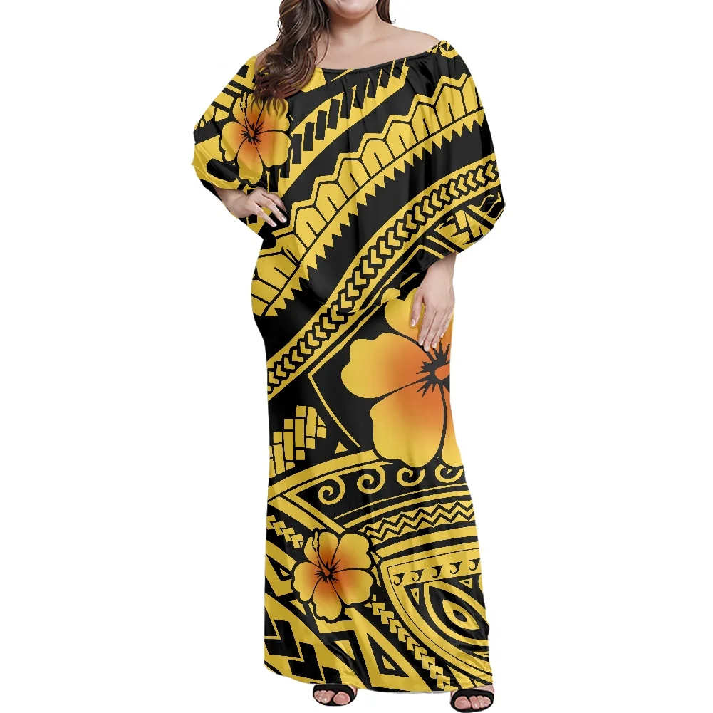 Polynesian Tribe Graphic Design Hibiscus Print Dress Off-The-Shoulder Large Front Reach Long Skirt Spring Casual Women Clothing