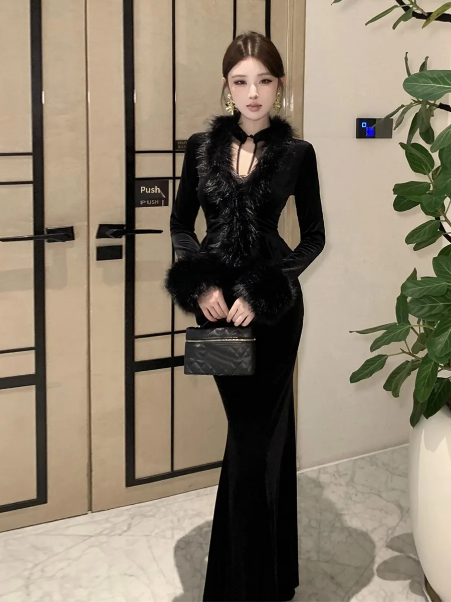 Sexy Velvet Lace Hollow out Neck Fish Tail Bodycon Dress Fur Coat Set Women's Fashionable Ensemble Sleeve Design Regular Length