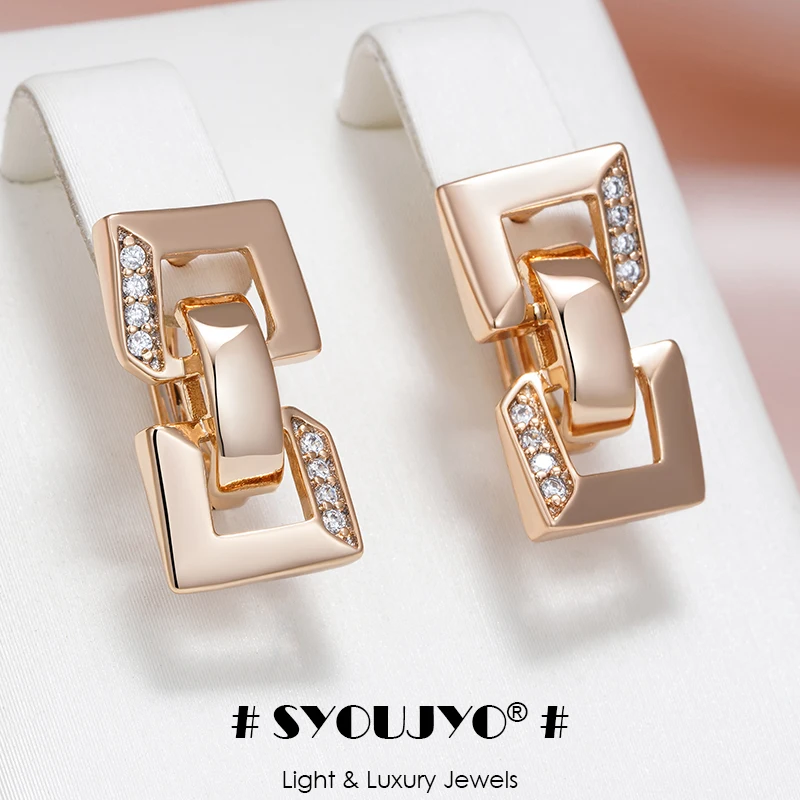 SYOUJYO Square Chain Shape 585 Rose Gold Color Earrings For Women Sparking Natural Zircon Fine Jewerly