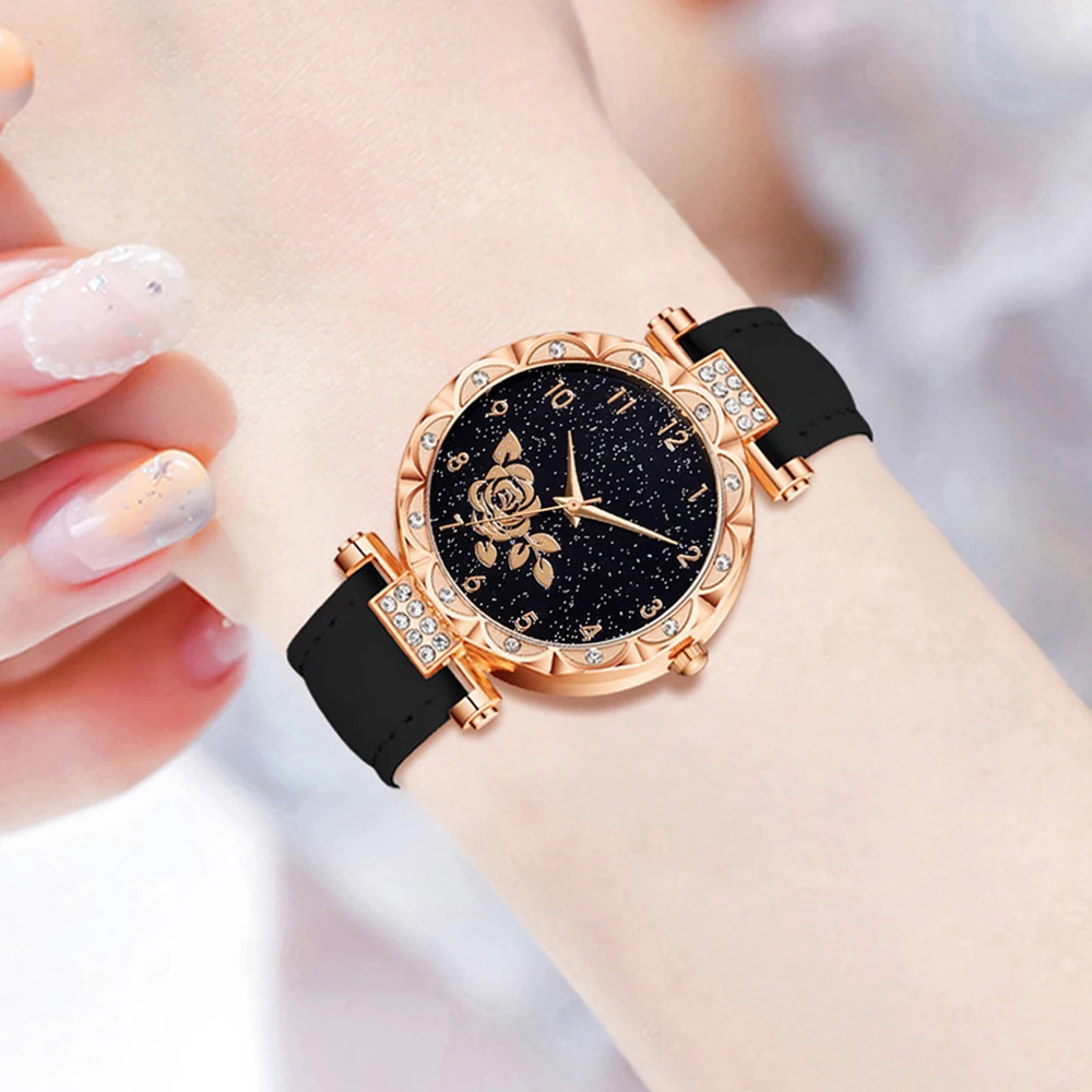 7PC Women's Watch Set Fashionable and Elegant Flower Element Dial Quartz Watch Bracelet Necklace Ring Earrings Set Perfect Gift