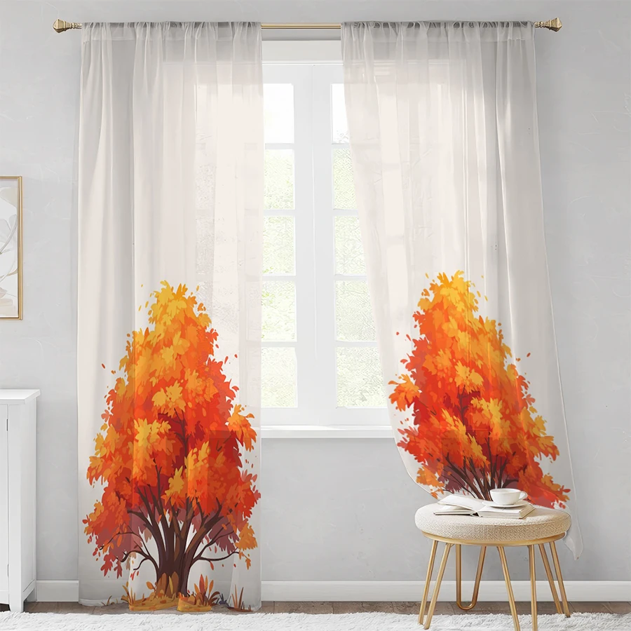 2PCS Digital Print Sheer Curtain, Autumn Fall Tree Maple Leaves Forest View Window Drapes for Living Room Bedroom Home Decor
