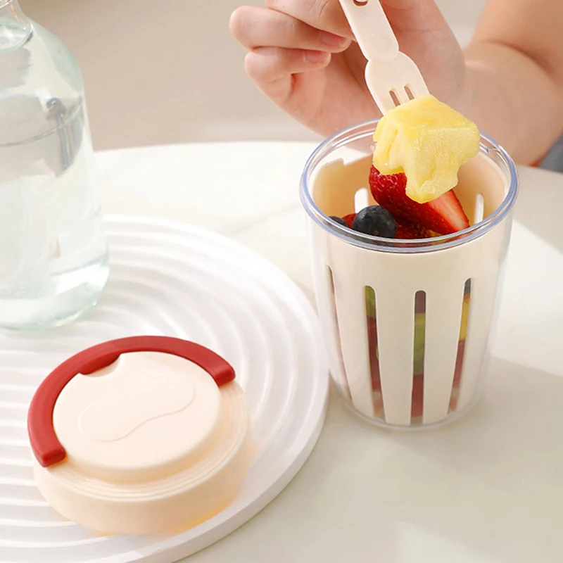 صندوق تخزين الفاكهة مع الصرف والغطاء والشوكة، مختوم، مانع للتسرب وحفظ الطعام الطازج، أدوات مائدة خارجية محمولة للطلاب