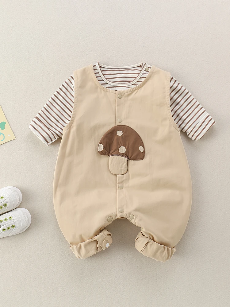 

2025 Spring Autumn Long Sve Onesie Adorable Cartoon Outfit Striped Single Layer Harie Bib Overalls Two Piece Set for Girls