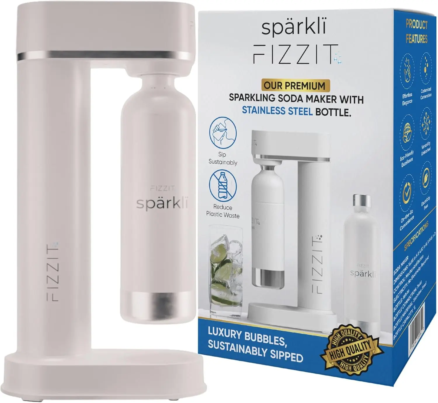 Steel Sparkling Water Maker Soda Maker with CO2 Cylinder & 1L Reusable Bottle