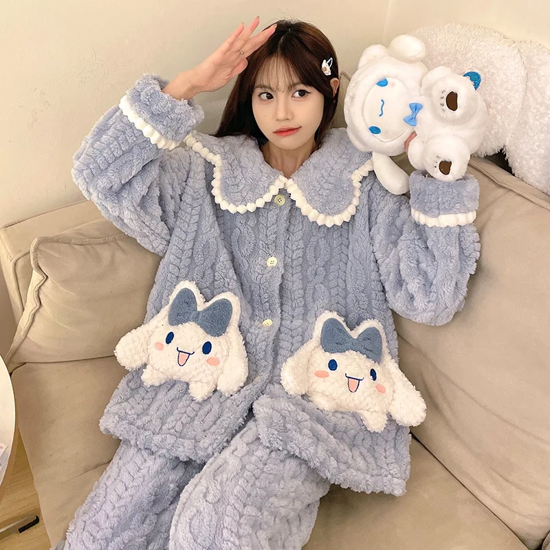 

Kawaii Cinnamoroll Pajamas Women Winter Coral Velvet Warm Kuromi Girls Student Cartoon Long Sleeve Home Clothes Nightgown Set
