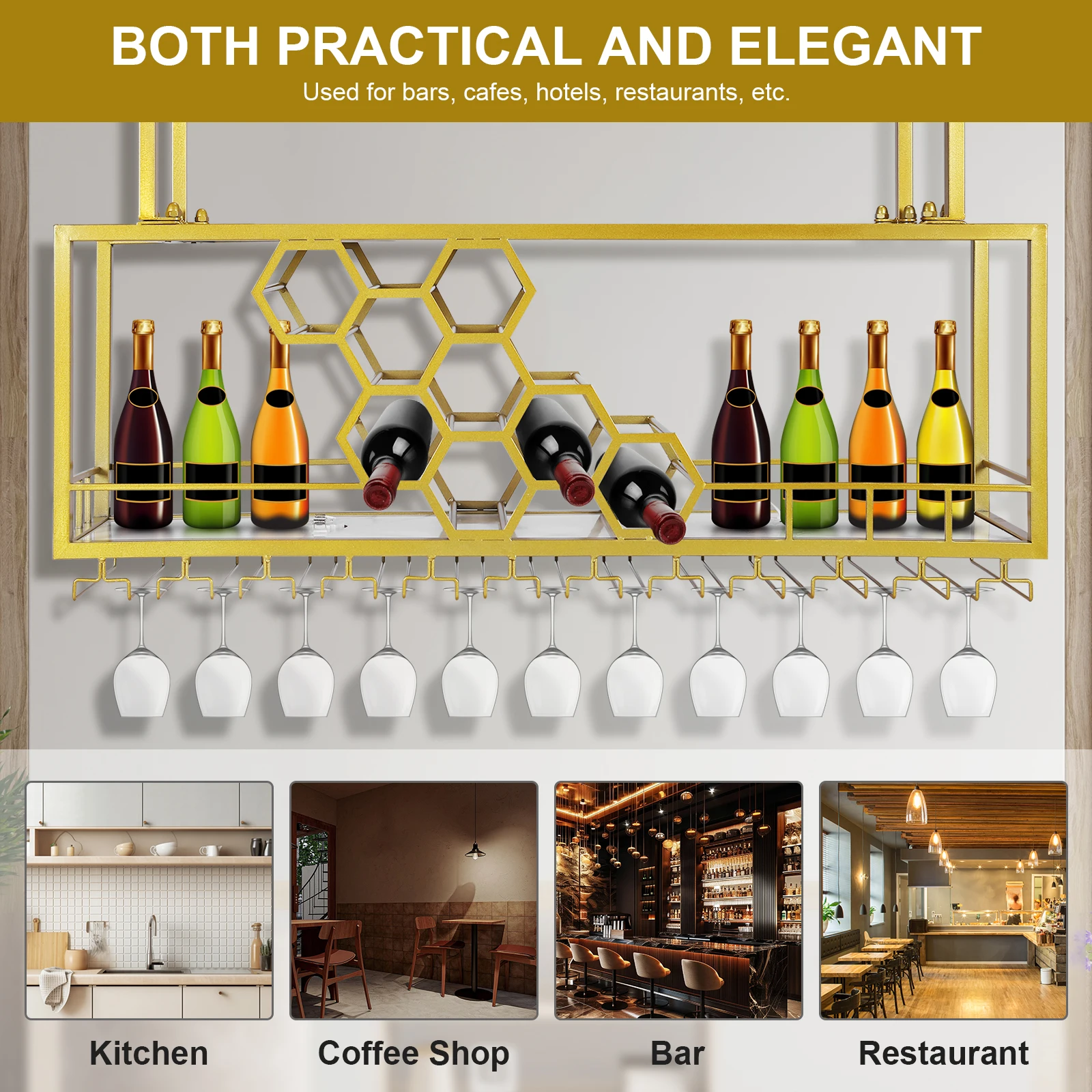 

Golden Metal Hanging Wine Rack Wrought Iron Design 120x30x40cm Wall Mounted Storage System for Bottles Glasses Display