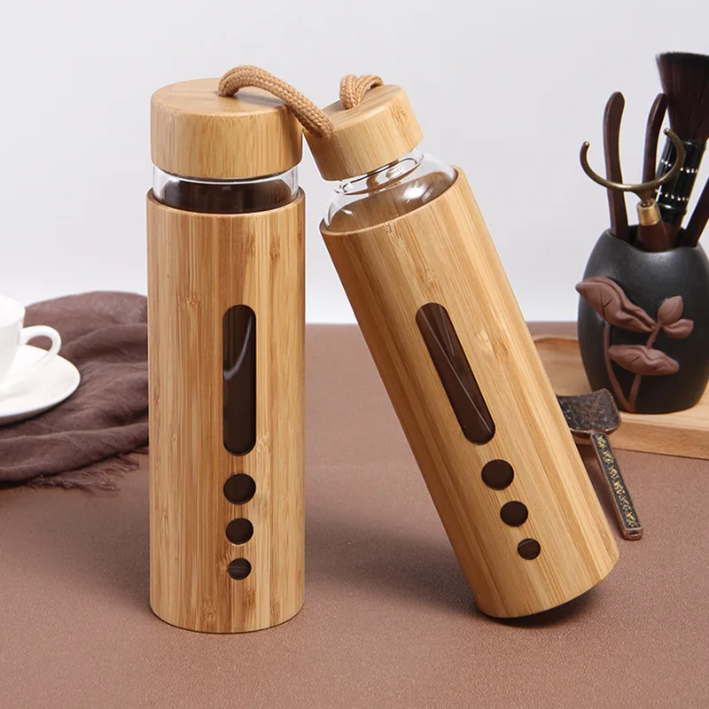 Glass Water Bottle with Bamboo Sleeve 500ml Borosilicate Glass Drinking Bottles Hot-proof Drinkware Cup for Tour Travel