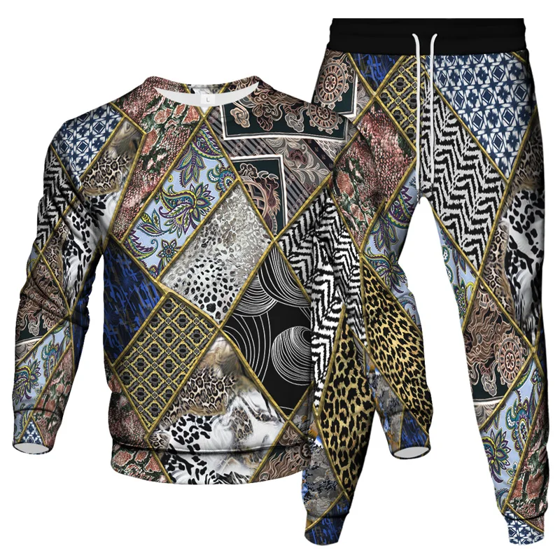 

Men Luxury Vintage Baroque Style Tracksuit Snake Leopard Floral Gold Chain Printed Women Suit Sweatshirt Pants 2Pcs Set Clothing