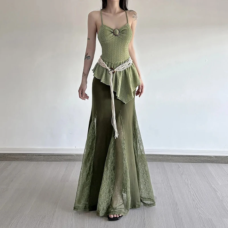 

Harajuku Two Piece Set Women Summer Irregular Bandage Folds Sleeveless Tank Top Green Lace Patchwork Beach Vacation Retro Skirt