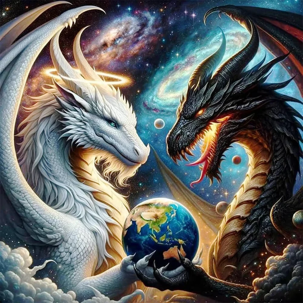 5D DIY Yin Yang Black and White Dragon Diamond Painting, Galaxy and Earth Handmade Art Exquisite Gift Home Decor
