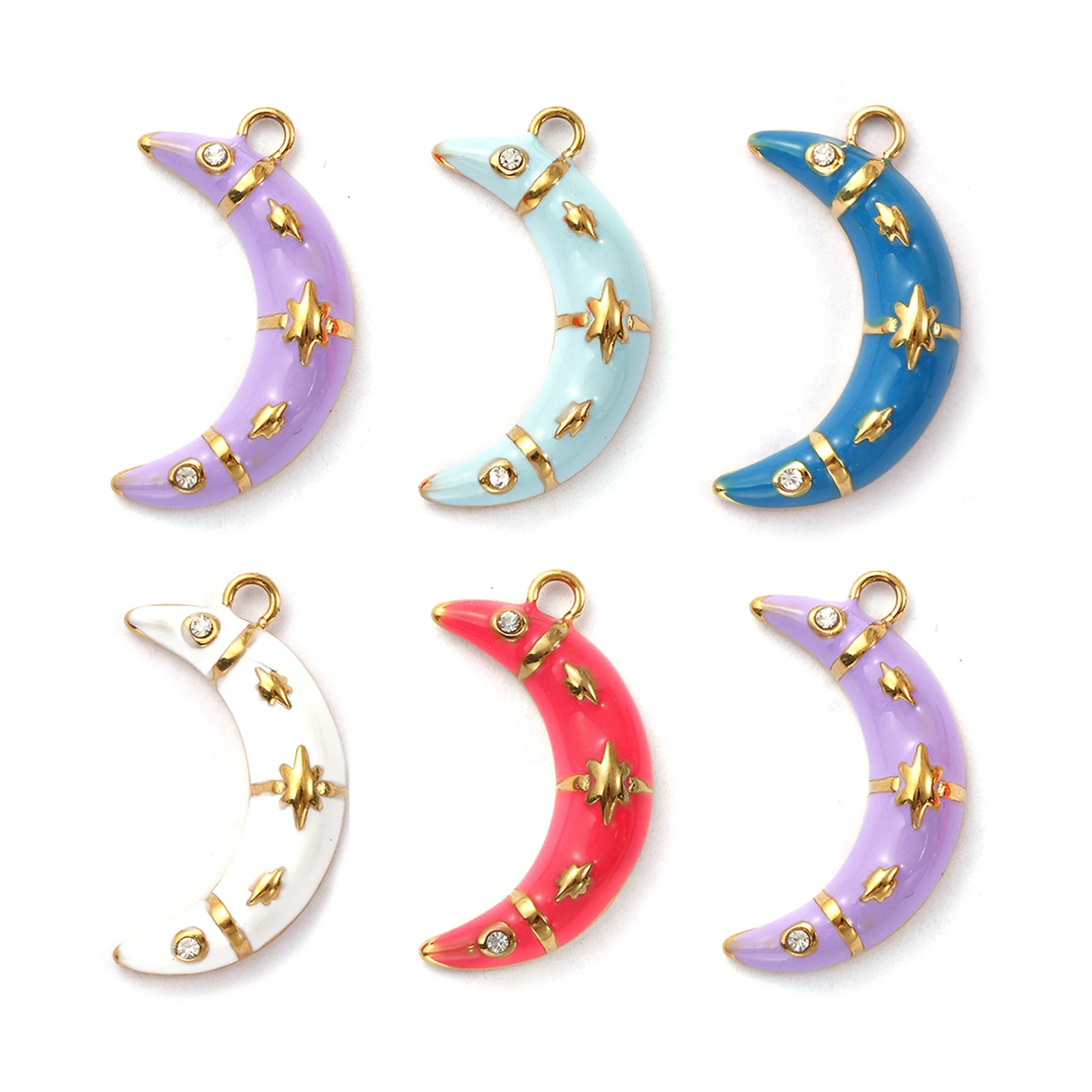 1 Piece 304 Stainless Steel Galaxy Charms 18K Gold Plated Enamel Half Moon Star Micro Pave Clear Cubic Zirconia DIY Necklace