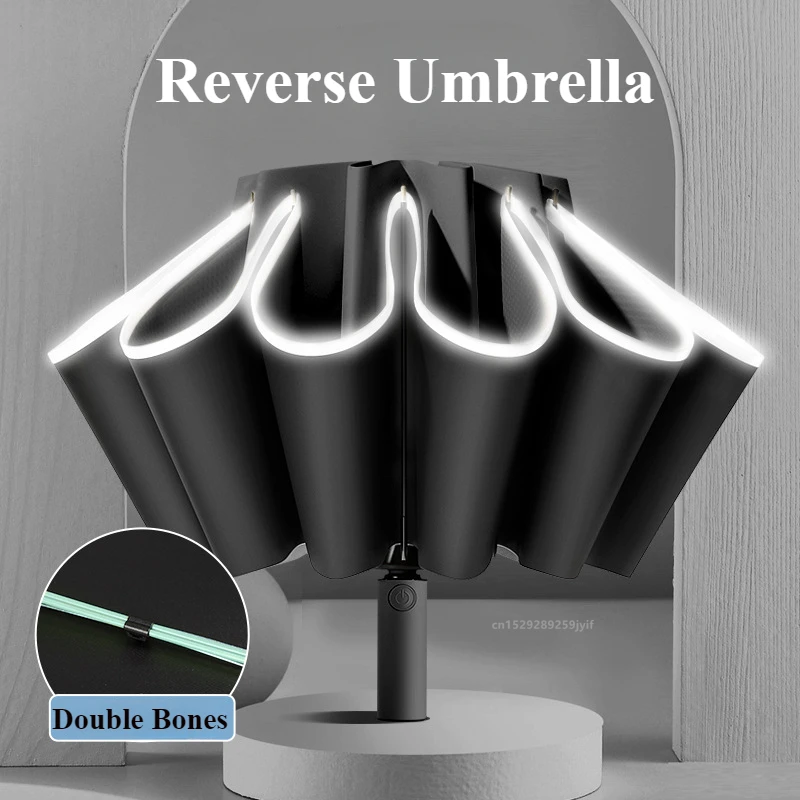 Fully Automatic Reverse Folding Umbrella with Reflective Stripe UV Blocking Sun Umbrella Double Bones Windproof Parasol