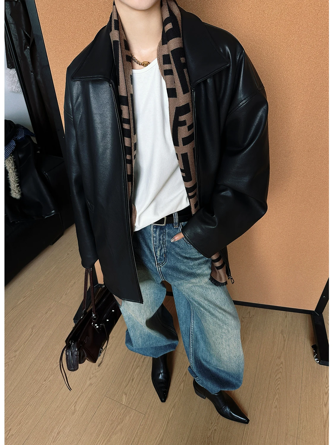 CIZZLEMORE Vintage Sle Fce Lined Warm Jaet Long Sve Zipper Closure Mid-Length Coat Retro Flip-Collar PU Leather