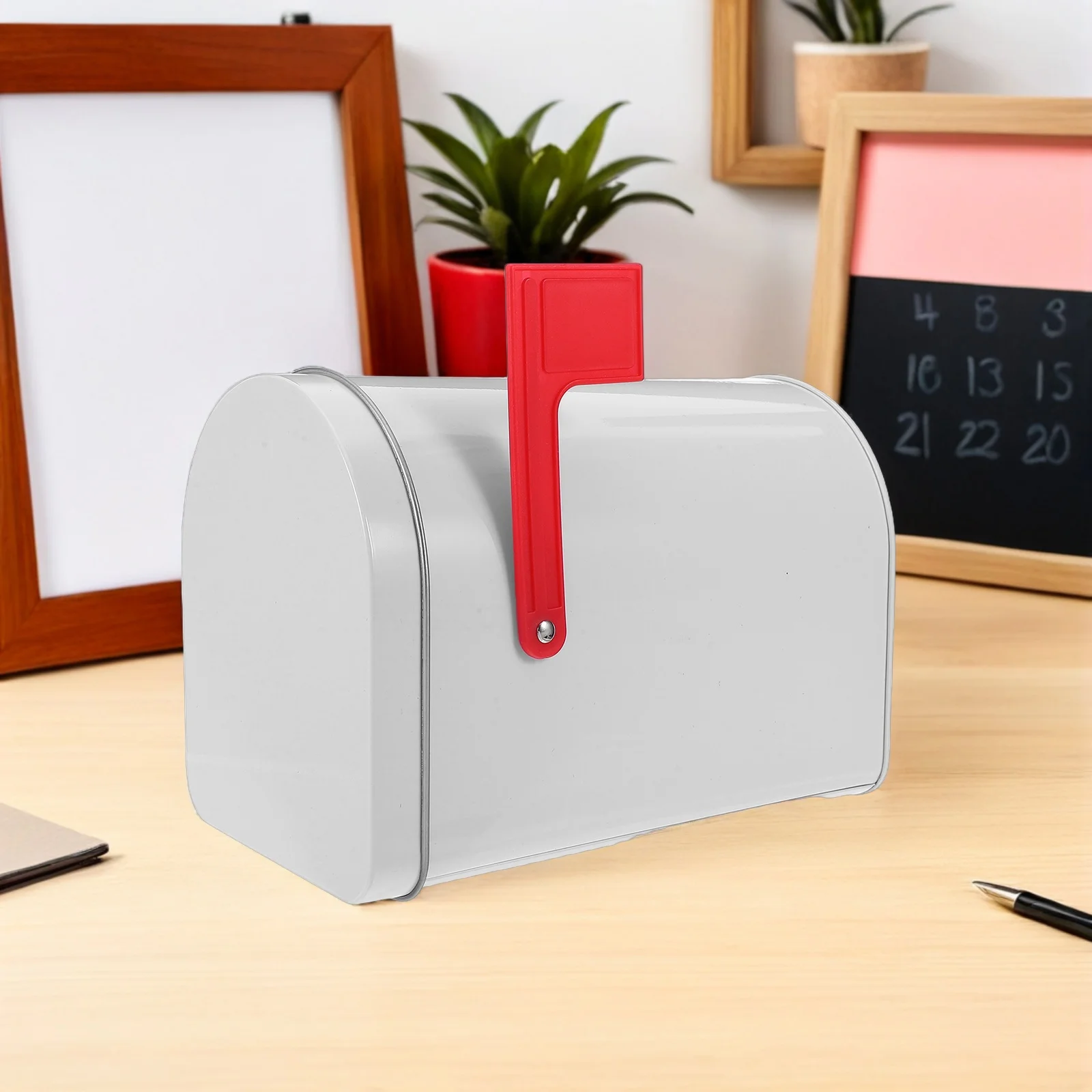 

Mini Metal Waterproof Mailbox White with Base Iron Post Micro Landscape Home Office Suggestion Tip Box Ornament