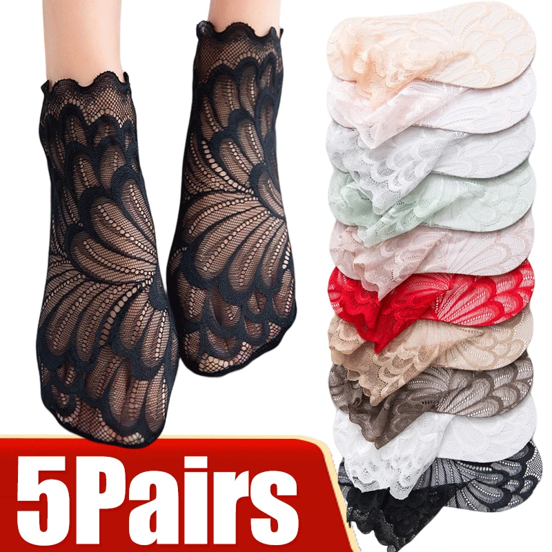 

1/5Pairs Women Lace Flower Mesh Socks Non-slip Invisible Liner Sock Female Elastic Comfy Thin Transparent Breathable Ankle Socks