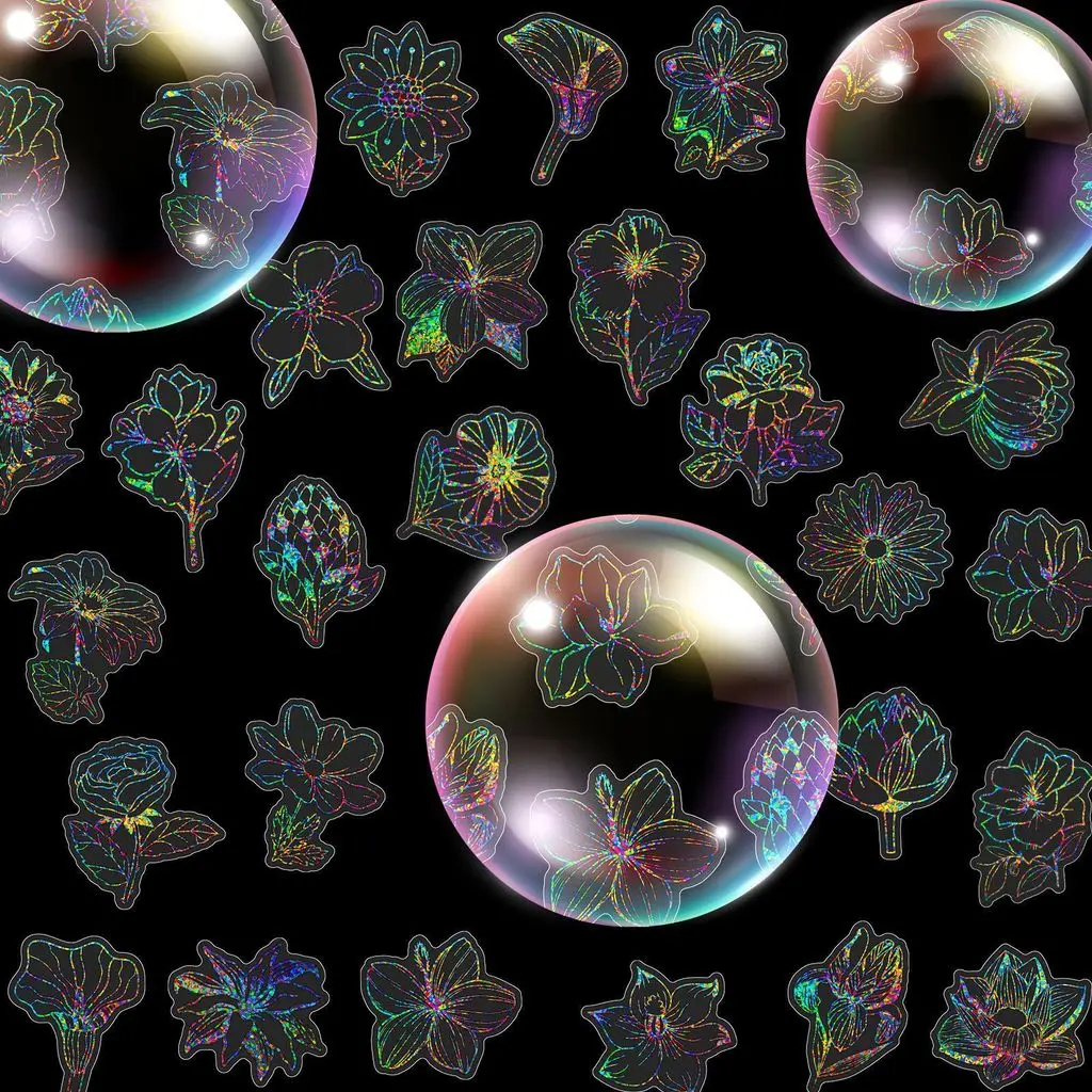 50Pcs Silver Holographic Flower Stickers, Hot Stamping Floral Transparent Decals, Ins Style Journal DIY Giajar Sticker Store
