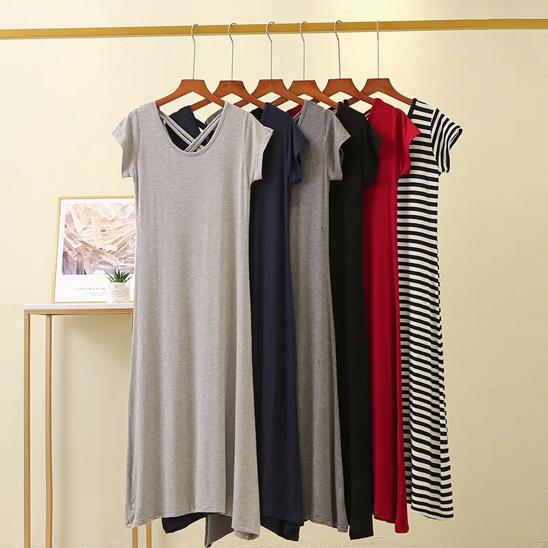 

2026 New Modal Short Sleeved Dress Loose Slimming Base Skirt Korean Version Cross Back Beautiful Back Long Skirt Women Pajamas