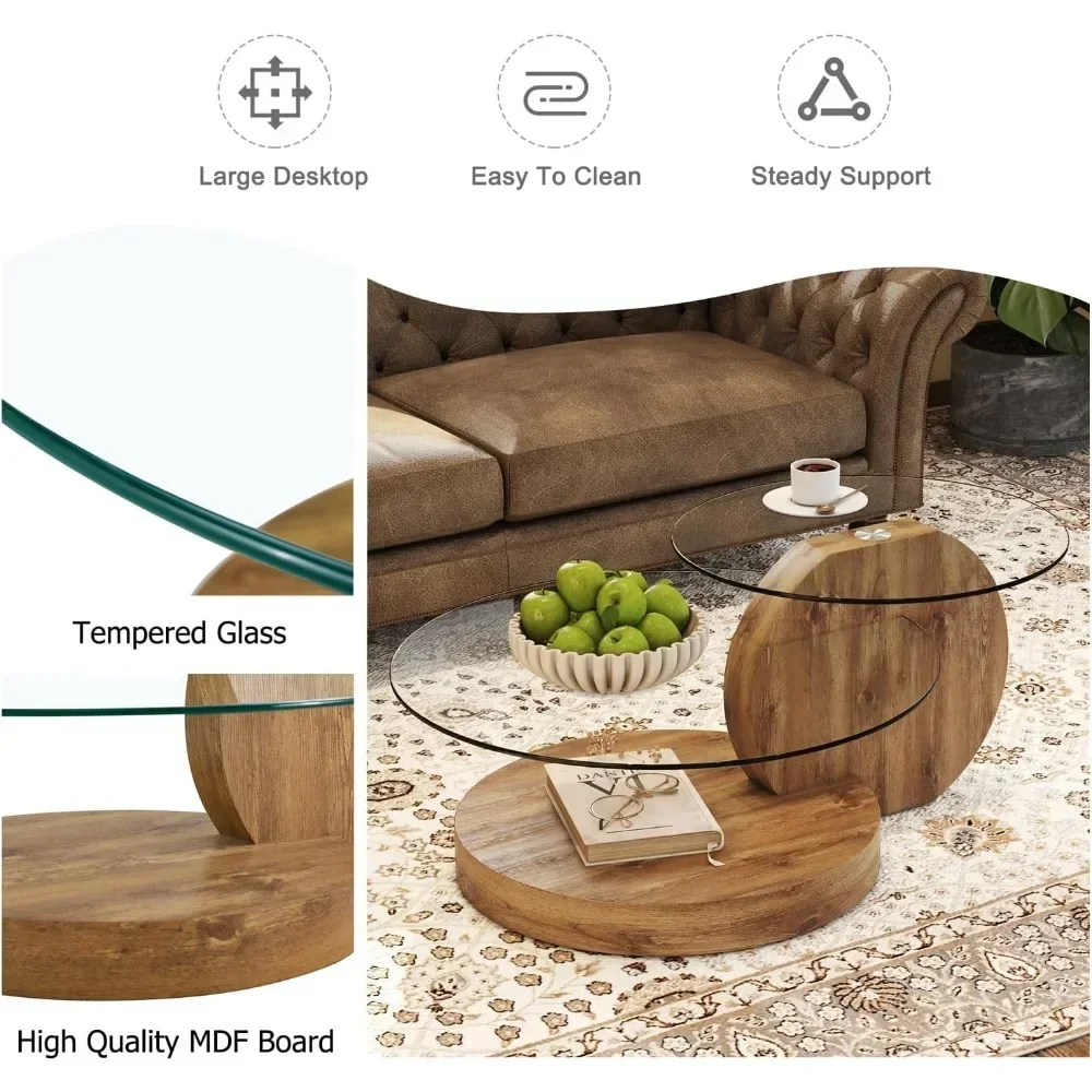 Modern Round Tempered Glass Coffee Tables for Living Room, 3-Tier Circle Wood Coffee Table with Storage Clear Cocktail Table