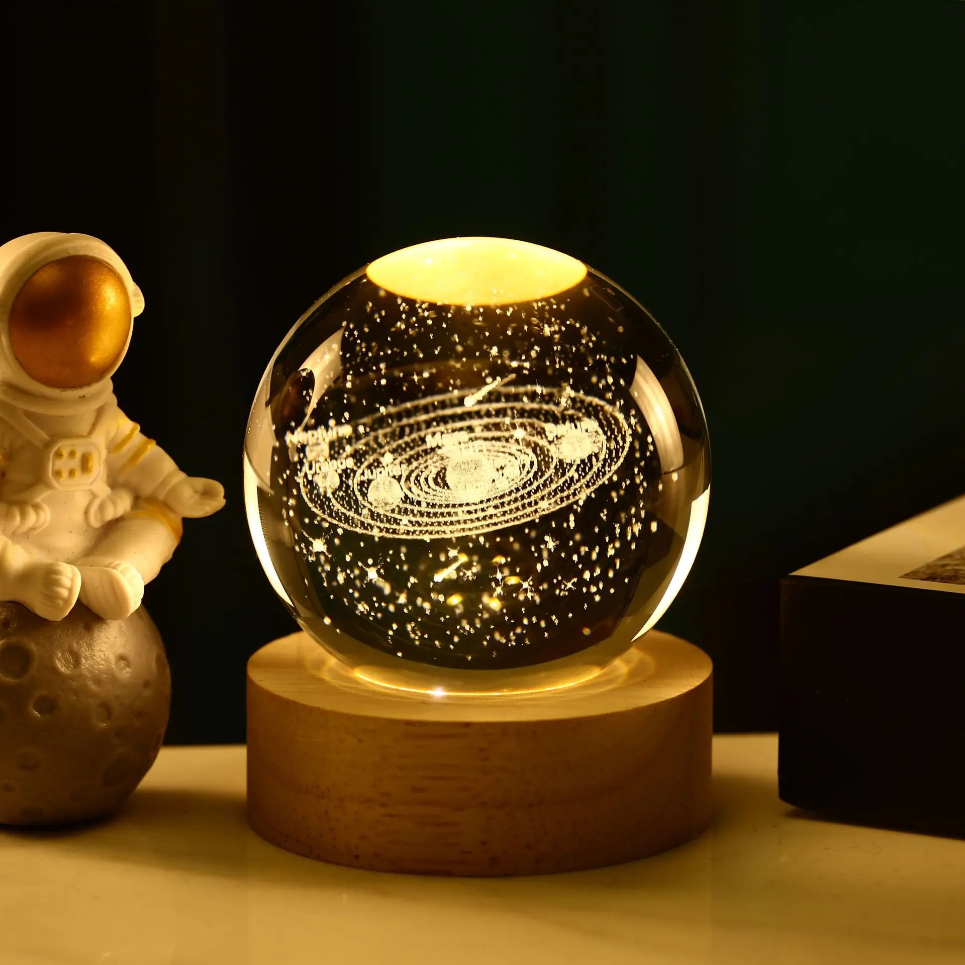 Crystal Ball with Light Base Emitting 3D Internal Carved Night Light Tabletop Decoration with Warm White Light