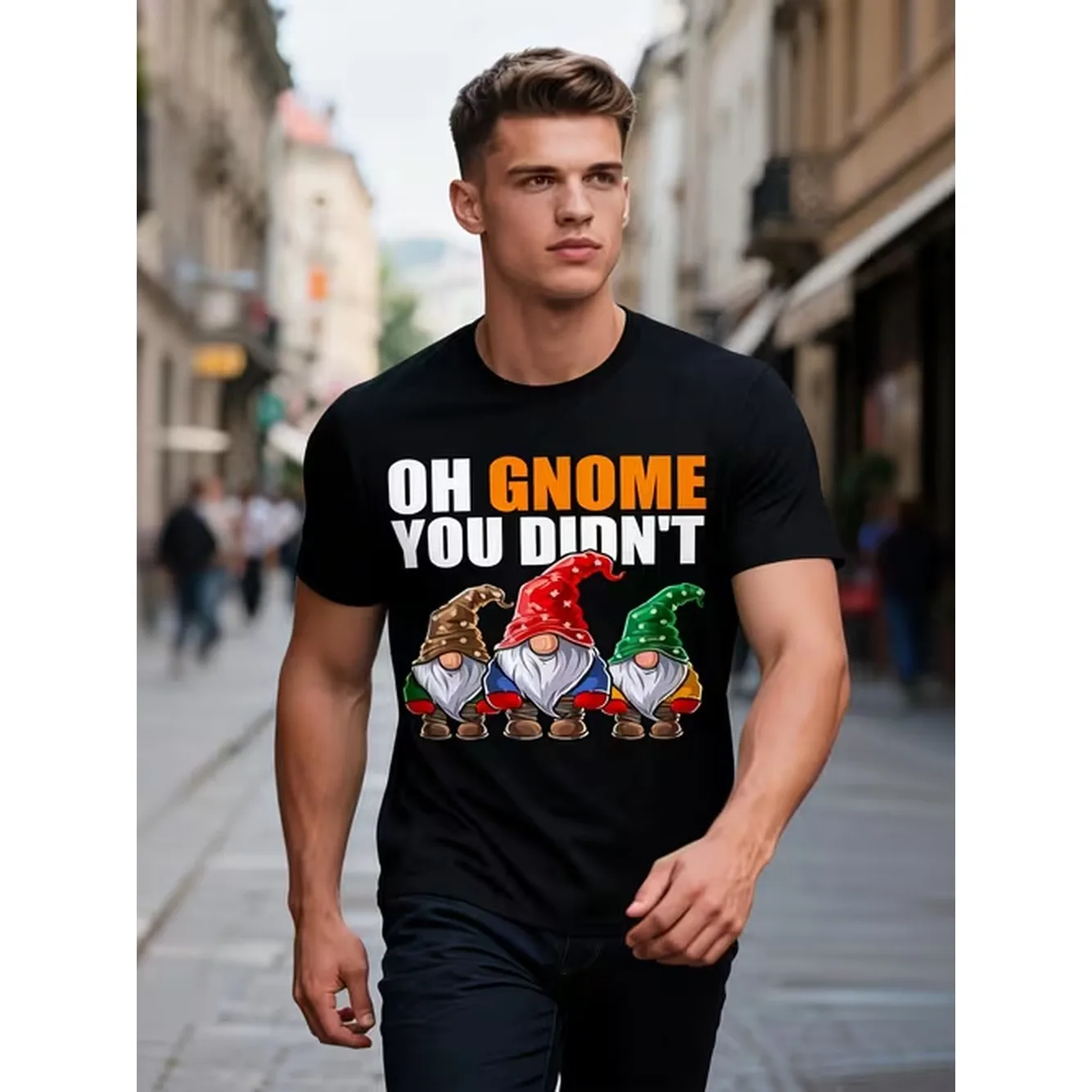 Funny Gardening Gnome T-Shirt - Oh Gnome You Didn'T Pun - Soft Breathable Cotton Tee For Men & Women - Black Shirt With Red/Green/Golden Gnomes - Casual & Garden Party Apparel - All-Season Comfort Fit Crew Neck Short Sleeve Humor Top