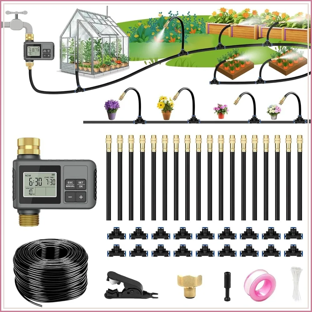 

Smart Water Timer Drip Irrigation System, 60Ft Garden Kit with Brass Connectors & Adjustable Nozzles