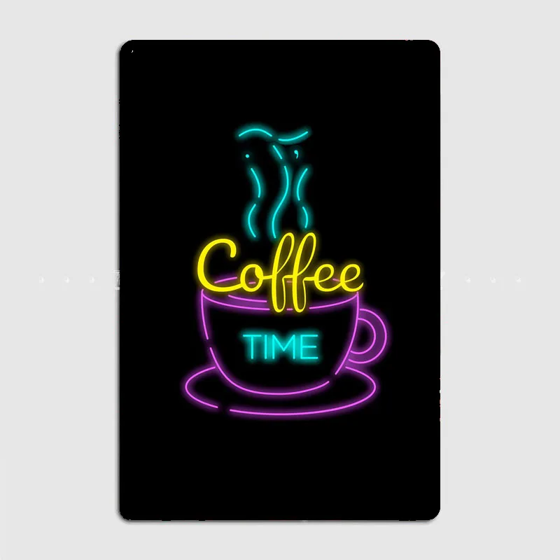Neon Food Cycle Its Coffee Time Metal Poster Sign Club Garage Wall Art Plaque Tin Sign Room Decoration Home Decor