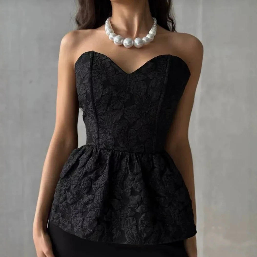 

Jacquard Bustier Top For Women, Heart-shaped Neckline, Waist-cinching, Ruffled Hem, Strapless, Slim Fit, Backless, Suitable For