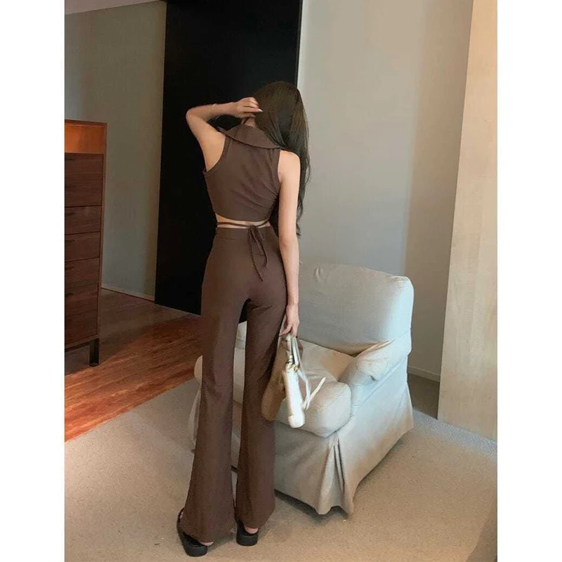 2022 Summer New Sleeveless Vest V Neck Top Zipper High Waist Casual Long Pants Two Piece Set Thin Solid Color Slim Fashion Suit